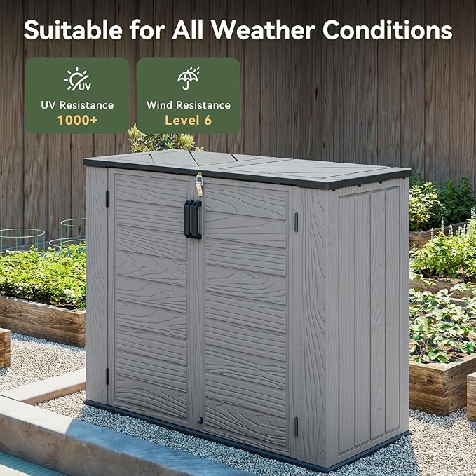 AOXUN Horizontal Storage Sheds 41 Cu.ft, HDPE Outdoor Storage Box 160 Gallon, Waterproof Lockable Resin Deck Box with Spring-Assisted Lid, Patio Storage for Garden, Pool, Cushions, Tools, Gray