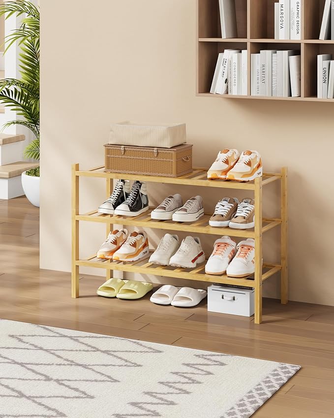 Kitsure Bamboo Wooden Shoe Rack for Closet - Stackable Shoe Organizer with Modular Structure, Space-Saving Shoe Shelf for Entryway, Living Room, Bedroom, 26.8" x 11" x 18.9", Natural