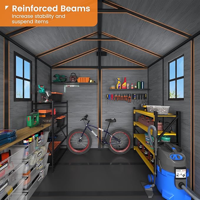 UDPATIO Resin Storage Shed 8 x 6 FT, Plastic Outdoor Storage Shed with Floor Outdside Storage Garden Patio Sheds with Lockable Door for Bike, Garbage Can, Tool, Dark Grey