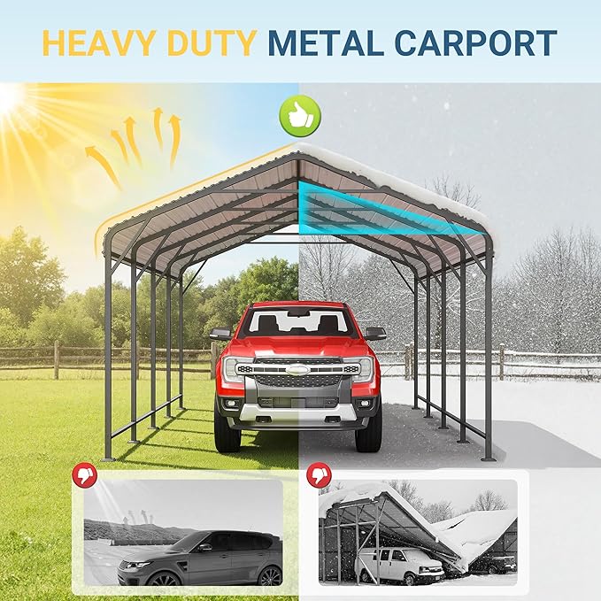 Wisteria Lane 12x20FT Metal Carport, Heavy Duty Carport Canopy with Reinforced Frame and Base for All-Weather, Outdoor Garage Car Port for Boats, Tractors, Pickup Trucks or Party, Dark Gray