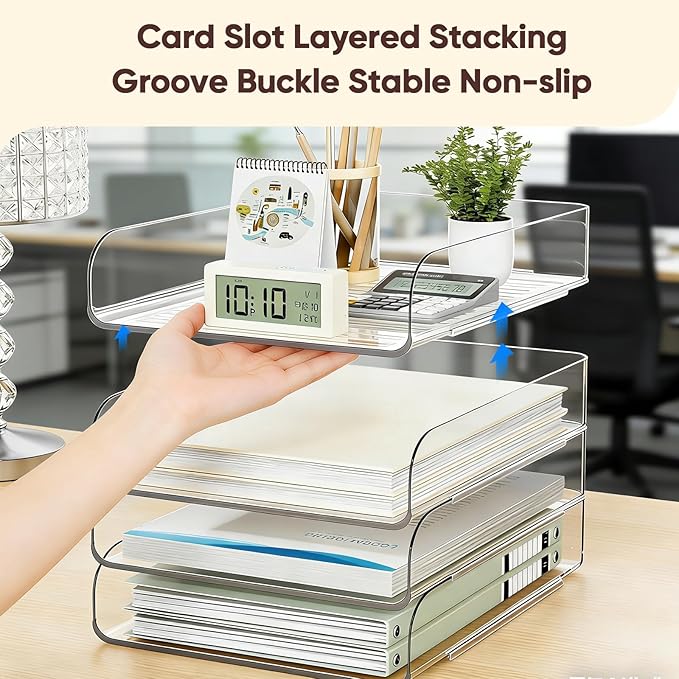 HIYOHIYO 4 Tier Clear A4 Paper Tray, Acrylic Desk Organizer for A4 File, Stackable Paper Organizer for Office, Large Capacity Desktop Letter Holder, Stackable Papers Storage Rack, Vertical Style