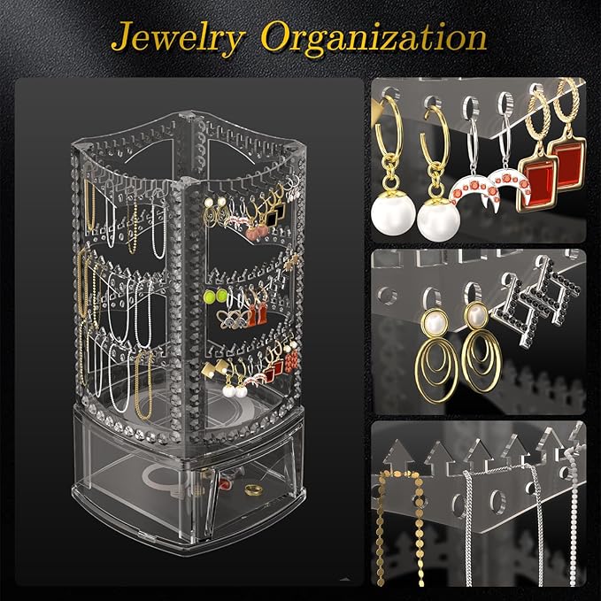 Hanging Jewelry Organizer with 10 Silver Polishing Cloths, Jewelry Holder with 156 Holes and 160 Grooves for Earring, Necklaces, Bracelet with Rotating Hanger, Easy Assembly (Gray)
