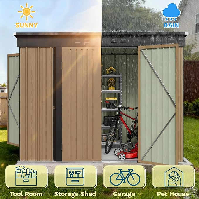 Patiowell 8x4 FT Outdoor Storage Shed, Heavy Duty Tool Metal Sheds with 3 Lockable Doors and Updated Frame Structure for Backyard Patio Lawn, Brown