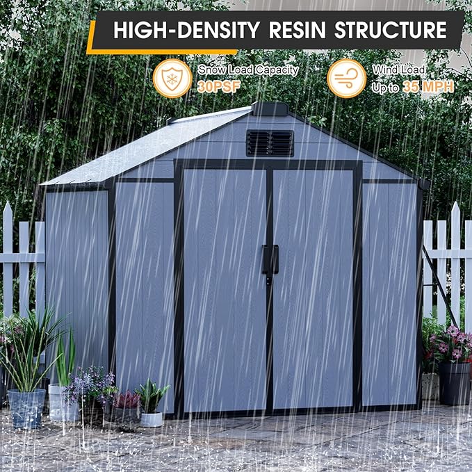 MELLCOM 8 x 8 FT Resin Outdoor Storage Shed with Floor, Outdoor Storage Tool Shed with Windows and Lockable Door, Resin Garden Shed for Lawnmower, Pool Supply, Bike