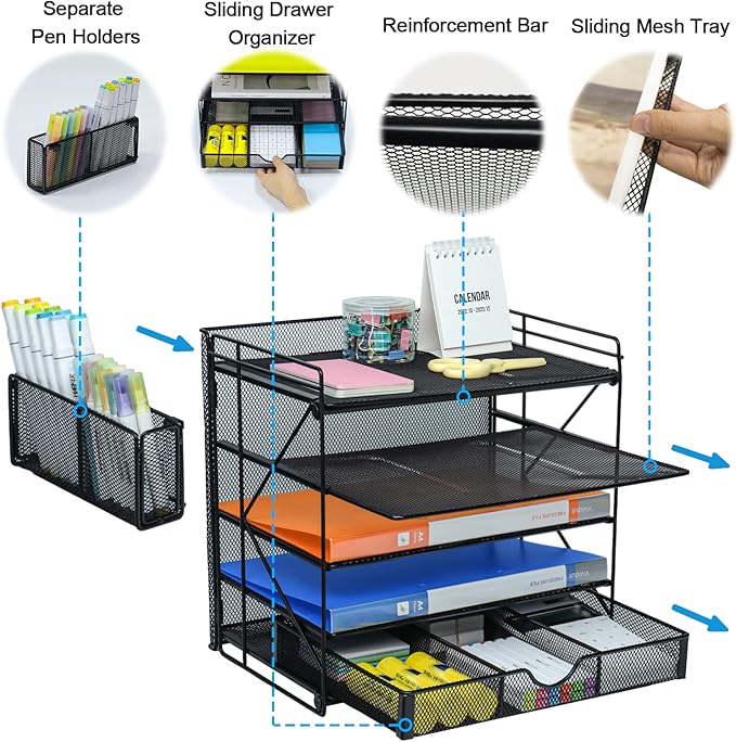 GALASALA Desk Organizers, 5-Tier Mesh Desktop File Organizer, Paper Organizer Letter Tray with Drawer, Paper Sorter for School Office Supplies Desk Accessories, Black