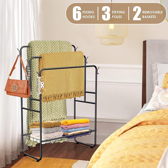 Kayfia 40" Tall Standing Towel Racks, 3 Tier Towel Stand Blanket Rack with 2 Removable Storage Baskets & 6 Hooks, Indoor Outdoor Freestanding Towel Racks for Bathroom Bedroom Organizer