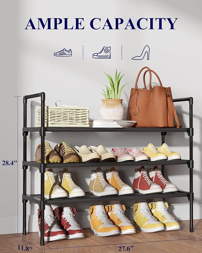 Kitsure Shoe Rack - 3-Tier Shoe Organizer, Shoe Rack for Closet, Entryway, Bedroom, Easy- Assembly Storage Shelf with Side Handles, 27.6" Wide - 3 Tiers, Black