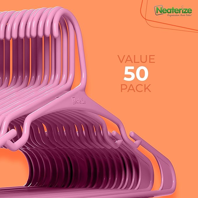 NEATERIZE Clothes Hangers Plastic 50 Pack for Adults - Plastic Hangers, The Perfect Coat Hanger and Space Saving Clothes Hangers for Closet, Percheros Ganchos para Colgar Ropa Hangars - Pink Hangers