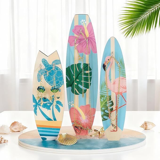 Surfboard Jewelry Holder Stand- Unique Coastal Christmas Beach Home Decor, Ocean-Themed Bathroom Decor, Cute Bracelet Ring Earrings Jewelry Organizer for Teen Girls, Wooden Preppy Hawaii Surfer Gift