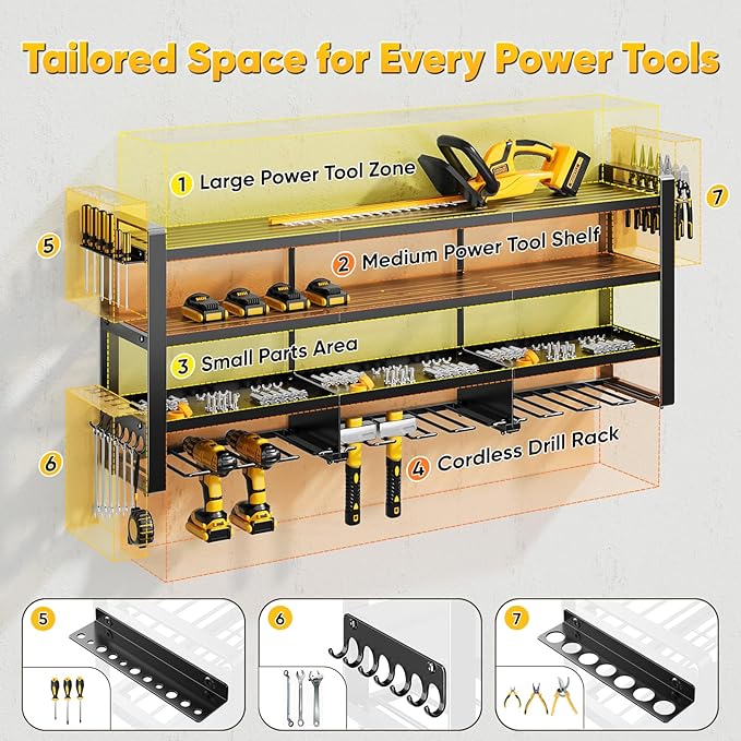 49" W Large Power Tool Organizer Wall Mount, 4 Layer Heavy Duty Loads 800 lbs, Tool Rack Holds 12 Cordless Drills, Large Capacity Battery Holder for Garage Storage, Christmas Gift for Men