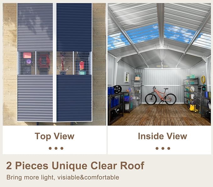 10x12 FT Outdoor Metal Shed with Unique Floor Base Clear Roof Window Lockable Double Door Vent, Waterproof Heavy Duty Reinforced Frame Sheds for Garden Storage Large Lawnmower Tool, Dark Grey