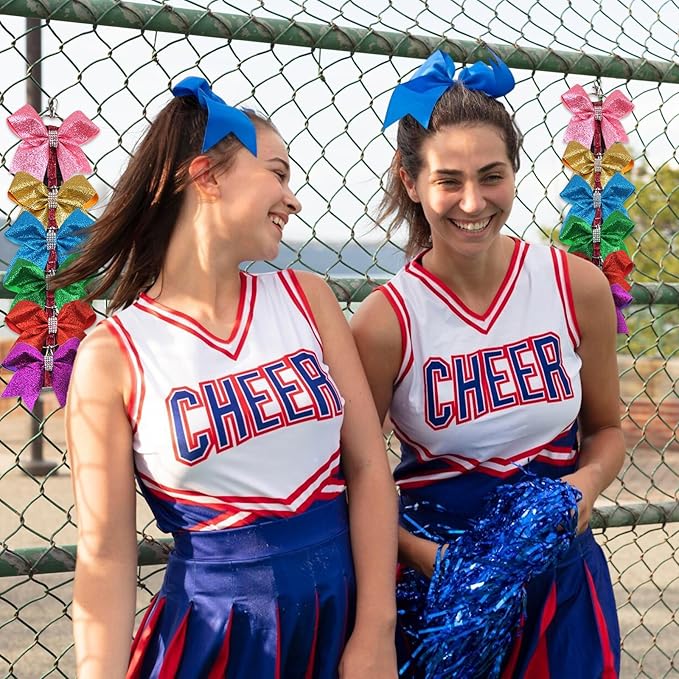 ALIBBON Cheer Bow Holder Glitter Pink Leopard Print Hair Bow Holder Cheer Keychain for Cheerleading Backpack Bag Cheerleader Gifts Sports Cheerleading Bows Storage Hanging Ribbon Chain with 5 Clasps