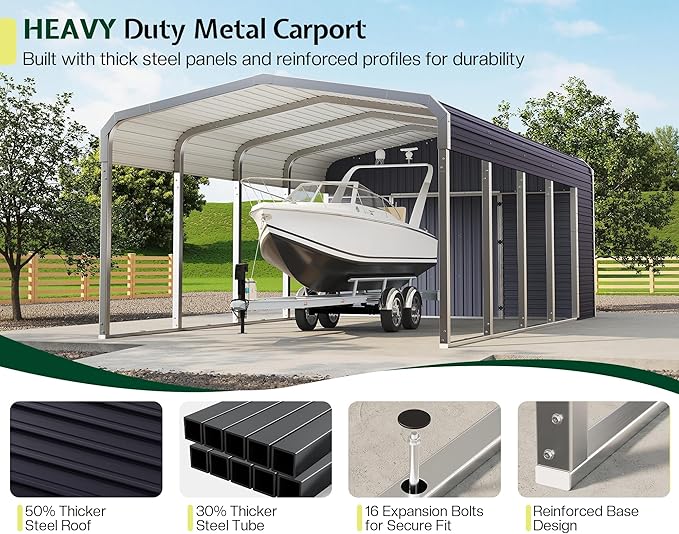 Jocisland 12x24 FT 2-in-1 Carport & Storage Shed, Heavy Duty Carport with Galvanized Steel Roof, 12x4.2 FT Metal Shed with 2 Transparent Panels & Double Doors, Car Canopy for Cars, Boats, Trucks