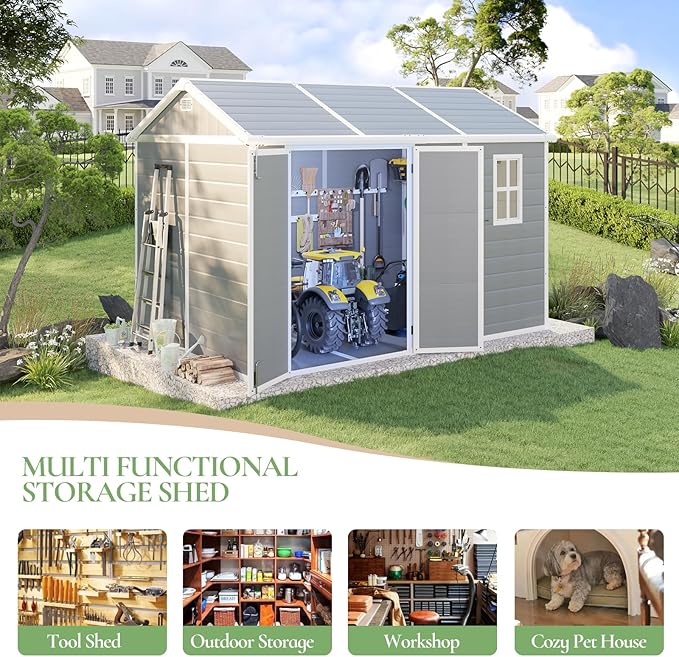 10.5 x 7.6 x 7.5 ft Outdoor Resin Storage Shed with Floor, Windows & Air Vents, Large Waterproof Tool Shed for Garden,Backyard,Lawn Equipment & Bikes,Grey