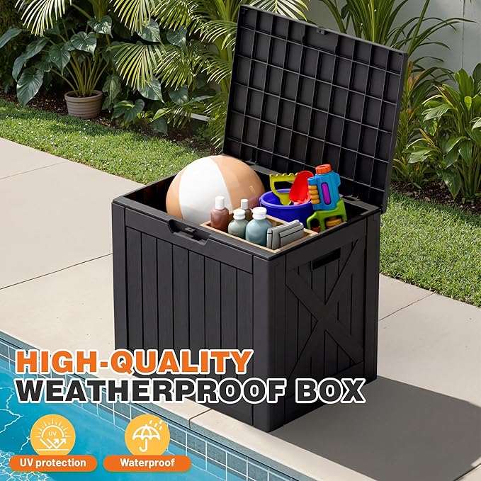 42 Gallon Outdoor Storage Box, Lockable Resin Deck Box for Patio, Yard, and Poolside, Waterproof & Sunproof Organizer for Furniture, Tools, Pool Supplies, Black