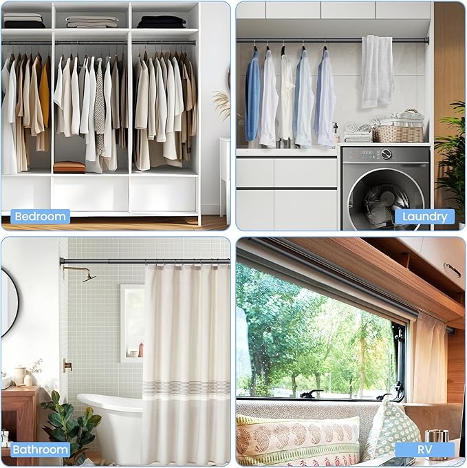 Closet Rods for Hanging Clothes, 17 to 28 Inch Stepless Adjustable Closet Rod, 1.3 Inch Diameter Metal Heavy Duty Closet Hanging Rod for Closet Wardrobes Laundry RV, Black