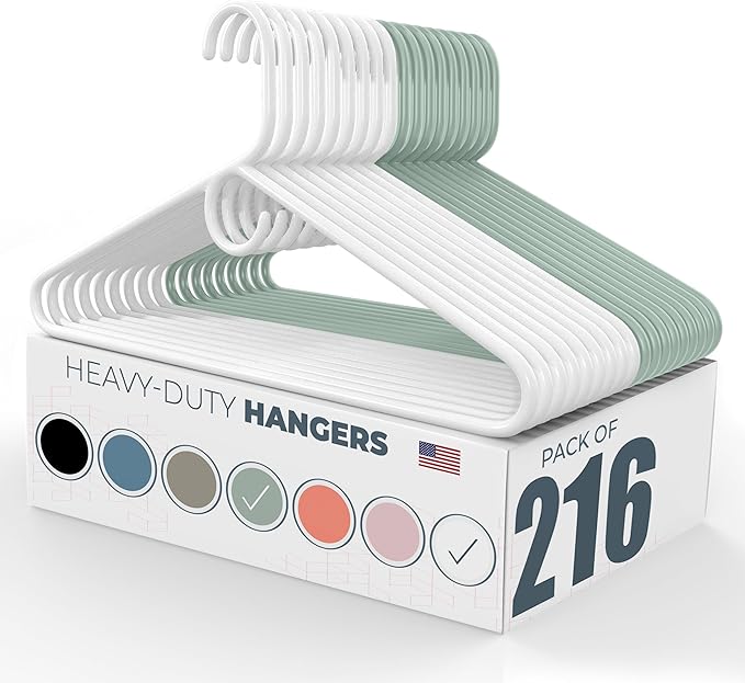 Neaties Heavy Duty Clothes Hangers 100+ Pack (216 Count) – Made in The USA – 8lb Capacity Plastic Hangers for Adult Clothing – Durable for Pants, Coats, Jackets, or Jeans – White & Mint