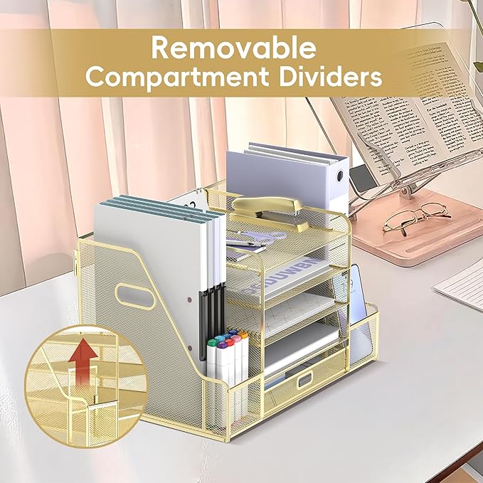 SUPEASY Mesh Desk Organizer with File Holder, 5-Tier Paper Letter Tray Organizer with Magazine Holder, Desktop Organizer and Storage with Drawer for Office Supplies Home or School (Golden)