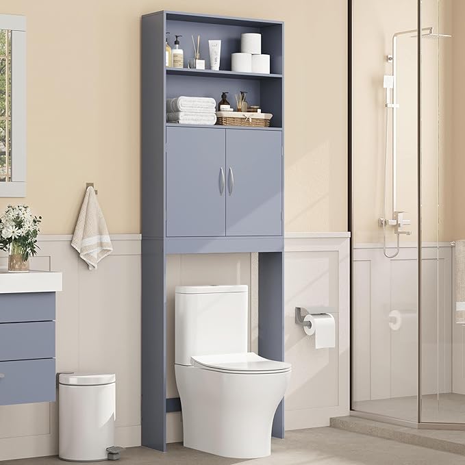 Yaheetech Over The Toilet Storage, Taller Bathroom Organizer Space-Saving Storage Cabinet with Adjustable Shelves and Double Doors, 77 in H, Grey