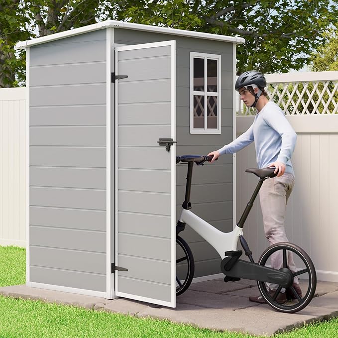 Gizoon 5x3 FT Resin Outdoor Storage Shed, Weather-Resistant Plastic Garden Tool Shed with Floor and Lockable Door for Backyard, Patio, Lawn, Grey