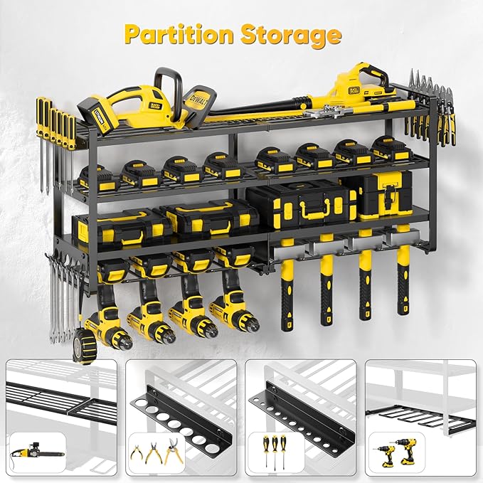 Large Power Tool Organizer Wall Mount,4 Layers Heavy Duty Metal Loads 400lbs,Power Tool Shelf Battery Storage with 8 Cordless Drill Holder,Utility Racks for Garage Workshop