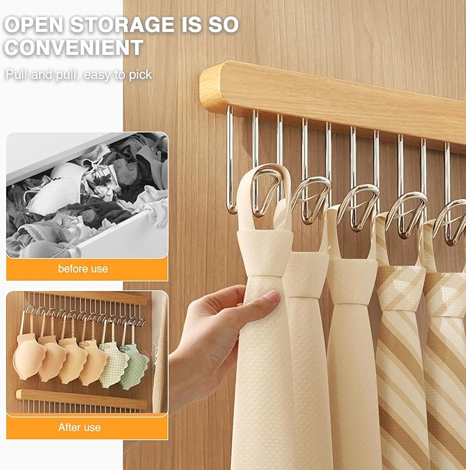 2 Pack Pull Out Closet Hanger with 8 Hooks,Valet Rod for Closet Pull Out,Sliding Side Mount Clothes Rack for Ties,Belts, Scarves,Space Saving Organizer,Pants Hooks for Jeans (1right 1left-Pull)