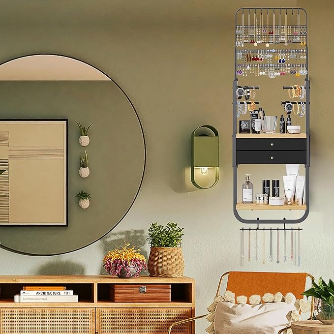 Wall Mounted Jewelry Organizer, Large Jewelry Organizer and Storage, Wall Hanging Jewelry Organizer for Earring, Necklace, Bracelet, Perfume (BLACK)