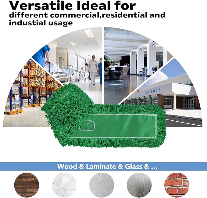 Matthew Cleaning 36'' Industrial Strength Cotton Dust Mop Refill Washable Replacement Heads for Residential & Commercial Use Fit Standard Dust Mop Frames, Hardwood, Concrete Floors Green 3 Pack