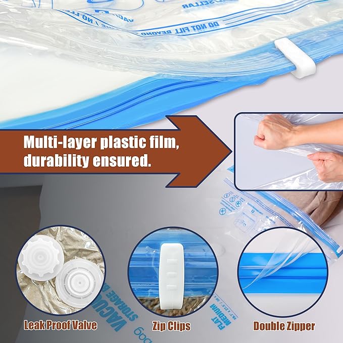HIBAG Vacuum Storage Bags, 12 Jumbo Vacuum Seal Bags for Clothing, Space Bags for Clothes, Comforters, Blankets, Bedding (12J)