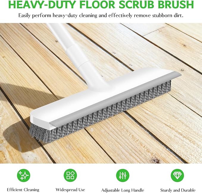 SetSail Floor Scrub Brush, Scrub Brush with 48-Inch Long Adjustable Handle 2 in 1 Scraper Brush Stiff Bristle Floor Scrubber for Cleaning Bathroom Shower Kitchen Garage Deck Tilb Tub, White