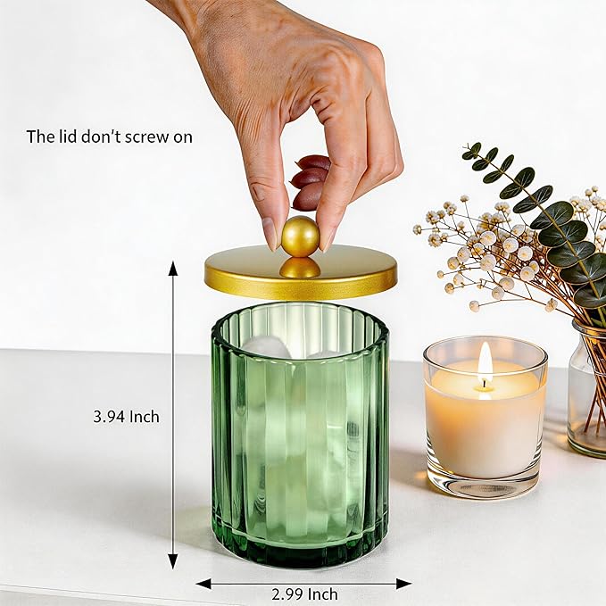Amolliar Sage Green Glass Qtip Holder Dispenser, Bathroom Canister Apothecary Jar for Cotton Swabs, Cotton Balls, Round Pads, Floss Picks, Countertop Storage Organizer Container for Vanity,Gold 4 Pack