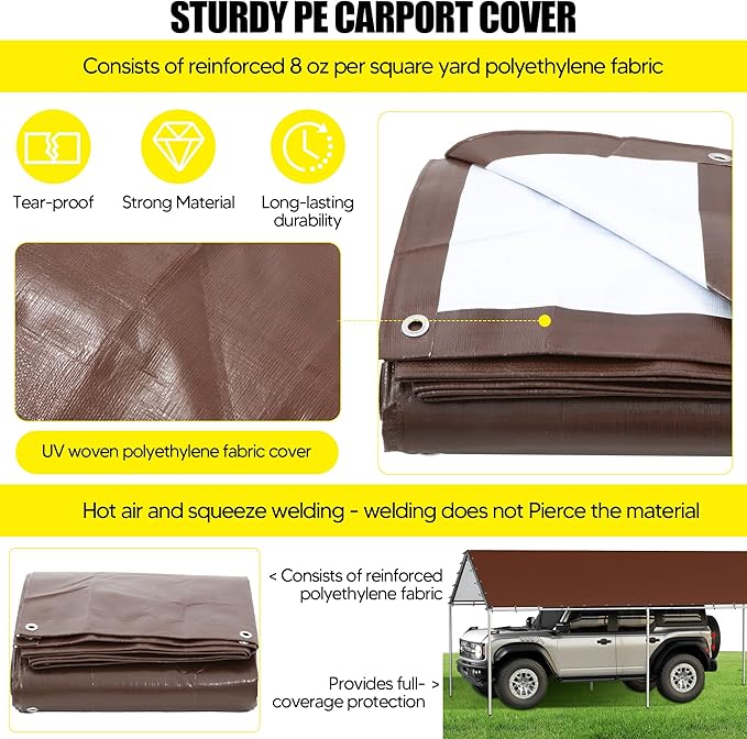 10 x 20 Ft Carport Replacement Canopy Cover Garage Top Tent Shelter Tarp with Free 48 Ball Bungee Cords,Brown (Only Cover, Frame Not Include)
