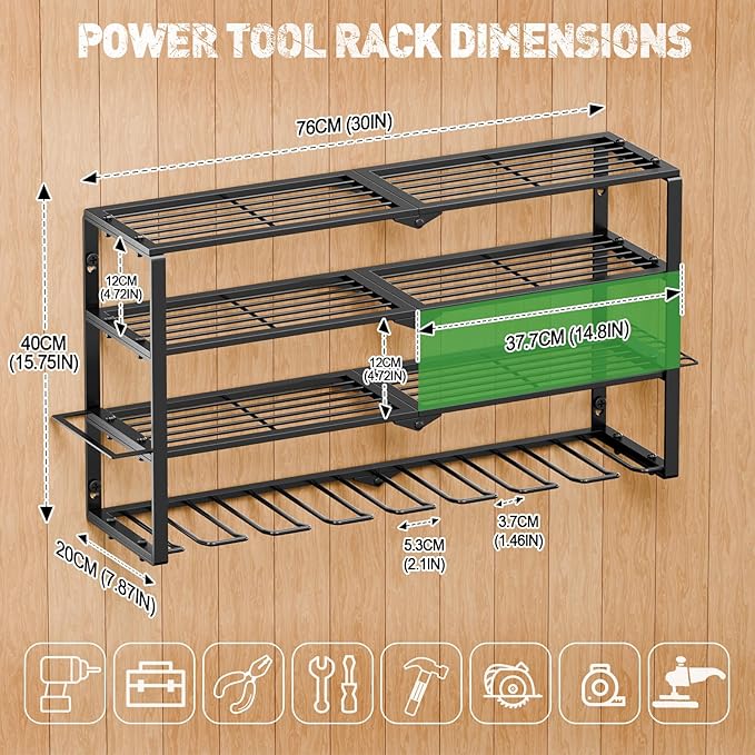 Power Tool Organizer Wall Mount, 4 Layers Tool Storage Rack with 8 Cordless Drill Holders, Power Tool Shelf Loads 400lbs for Garage, Warehouse, Workshop, Gifts for Men, Husband