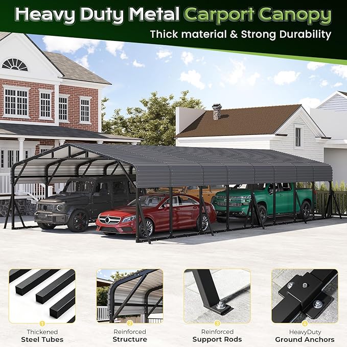 20x40FT Heavy Duty Metal Carport, Outdoor Portable Car Garage w/Reinforced Support Rods & Windproof Ground Anchors, All-Season Versatile Outdoor Shelter for Car, Boats, Truck