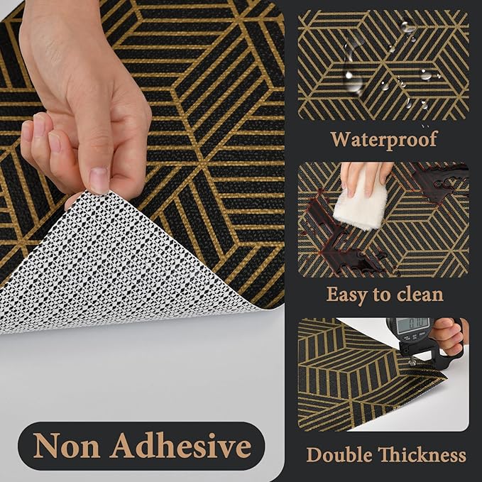 Shelf Liners for Kitchen Cabinets 12in x 20FT, Non Adhesive Cabinet Liner Strong Non-Slip Black Gold Geometric Drawer Liner, Easy to Clean for Shelf, Cabinet with Knife and Tape Measure