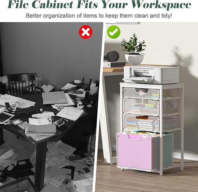 4 Drawer Rolling File Cart with Wheels, Mobile Filing Cabinet for Home Office, Hanging File Organizer, Under Desk Storage, Multifunctional Utility Cart Printer Stand, White