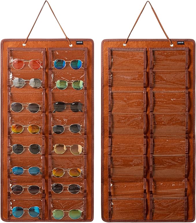 Sunglasses Organizer Storage - 16 Slots Glasses Storage Wall Pocket Display Hanging on Door, Eyewear Display, Dust-Proof (Brown, Dust-Proof)