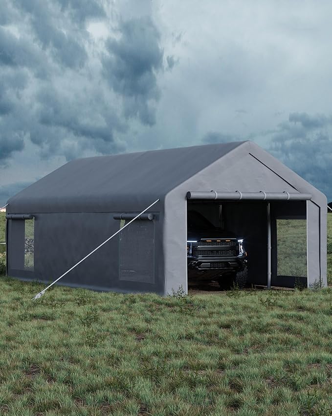 GarveeLife 13x25 ft Portable Garage, Car Port with 220 g PE Tarp Cover, with Front & Rear Roll-Up Doors and 4 Windows, for Temporary Paint Booth, Boats&Pickups Shed, and Event Shelter, Gray