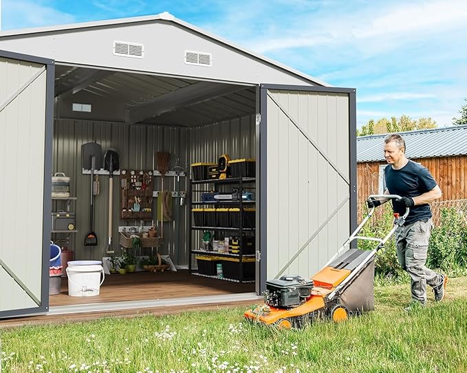 Greesum 10x8FT Outdoor Storage Shed, Utility Tool Shed Metal Storage Garden Shed with Door & Lock for Patio Storage, Gray