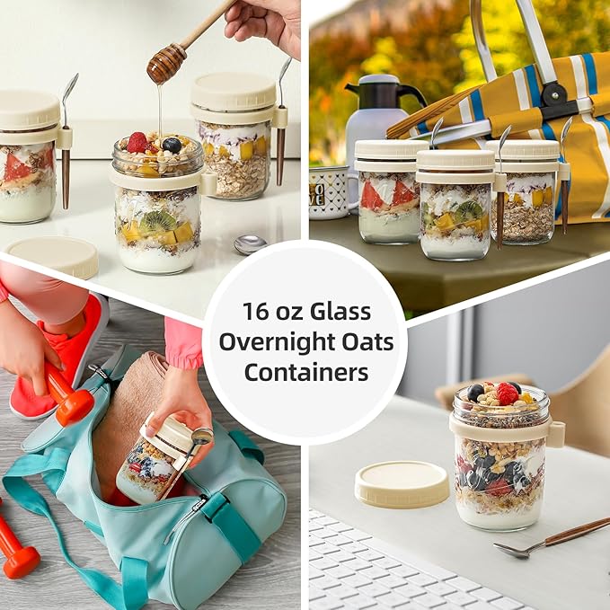 LANDNEOO 4 Pack Overnight Oats Containers with Lids and Spoons, 16 oz Glass Mason Jars with Airtight Lids, Overnight Oats Jars for Milk, Cereal, Fruit-Beige