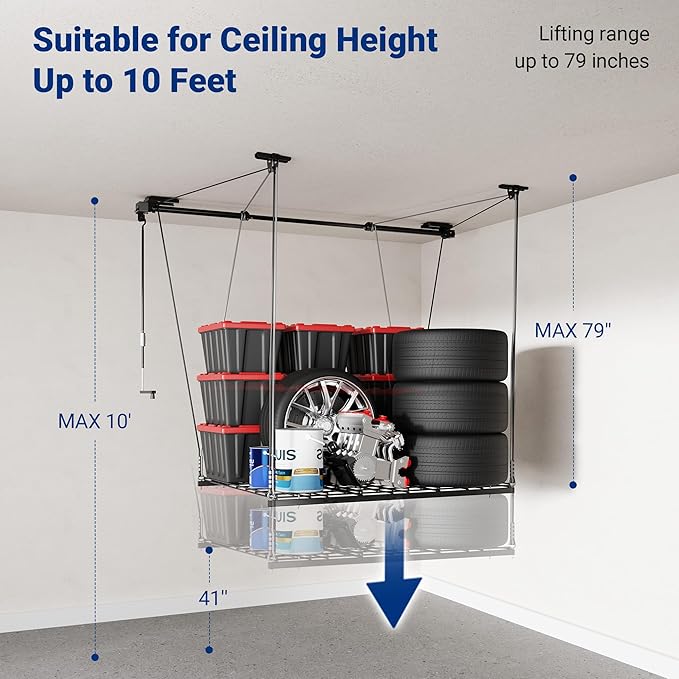 FLEXIMOUNTS GL1 Overhead Garage Lifting Storage Rack, 4x4 Ft Heavy-Duty Metal Garage Ceiling Rack, Adjustable Organization System With 71''L Axle, 300lbs Weight, Black