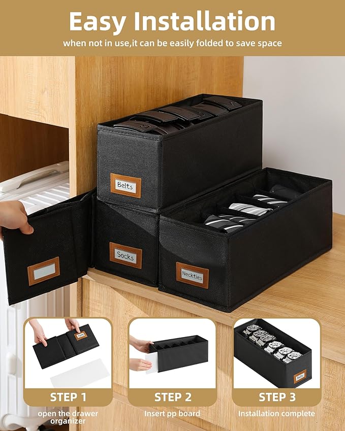 4 PCS Belt Organizer for Drawer & Closet, 6 Grids Foldable Fabric Belt Holder, Washable Belt Storage Box, Tie Organizer for Men