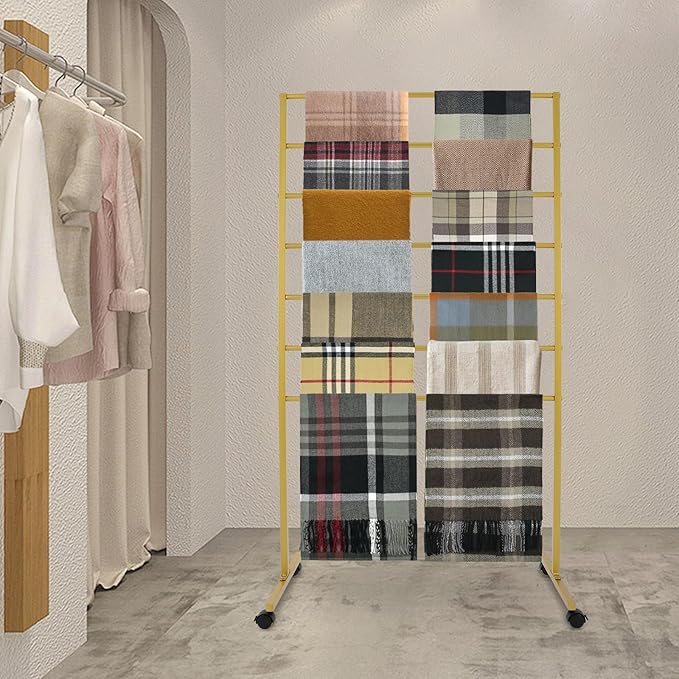 7-Tier Movable Scarf Organizer Holder Accessory Display Stand, Freestanding Metal Organizer Rack for Retail Stores, Towel, Belts, Ties, Pants