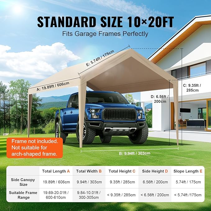 VEVOR Carport Replacement Canopy Cover 10 x 20 ft, Garage Top Tent Shelter Tarp Heavy-Duty Waterproof & UV Protected, Easy Installation with Ball Bungees,Beige (Only Top Cover, Frame Not Include)