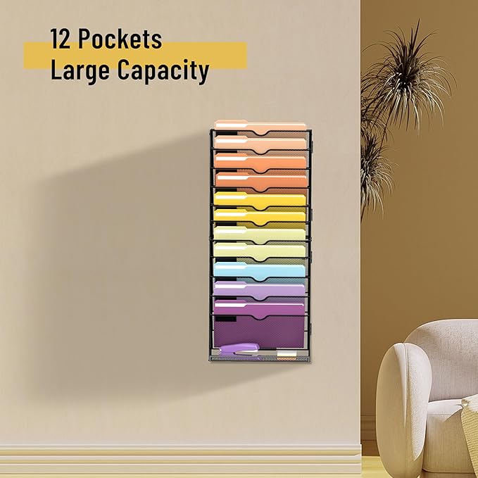 SUPEASY 12-Tier Hanging Wall File Holder Organizer for Papers, Folders, Files Clipboard & Magazine Organization Great for Office Home, Assembly Needed, Black