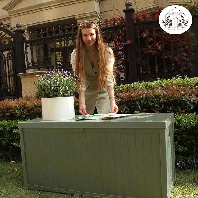 EHHLY 120 Gallon Outdoor Storage Box, Lockable Outside Storage Box Waterproof, Patio Cushions Deck Storage Boxes, Rattan Plastic Garden Hose Containers Resin Pool Storage Bins with lids, Sage Green