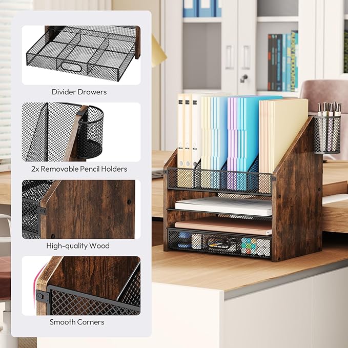 SWTYMIKI Desk Organizer with Drawers - Mesh and Wood Desk File Organizer with Pen Holders, 4-Tier Paper Organizer for Office Organizer and Accessorie, School and Home Storage, Espresso