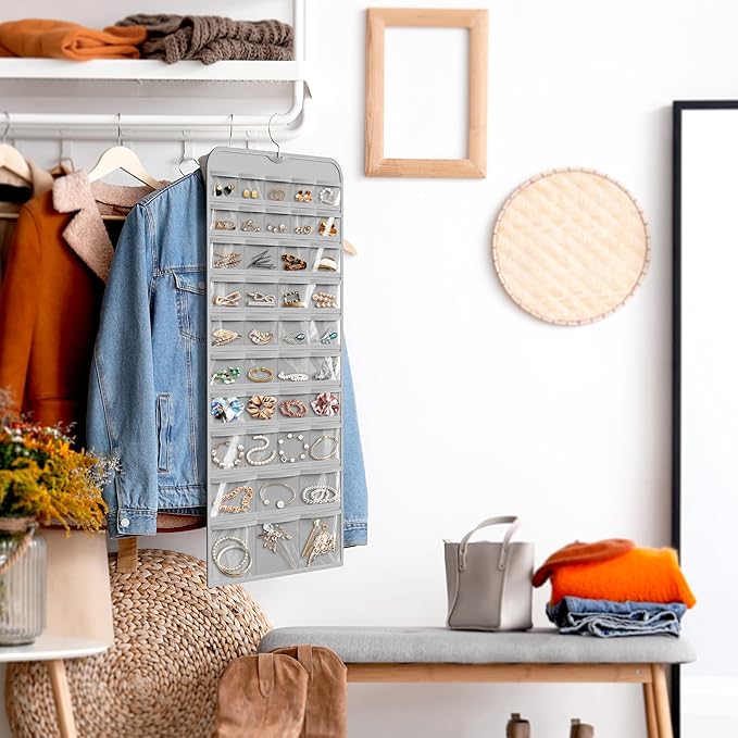Simple Houseware Hanging Jewelry Storage Organizer, 80-Pocket with 5 Sizes for All Types of Accessories, Gray