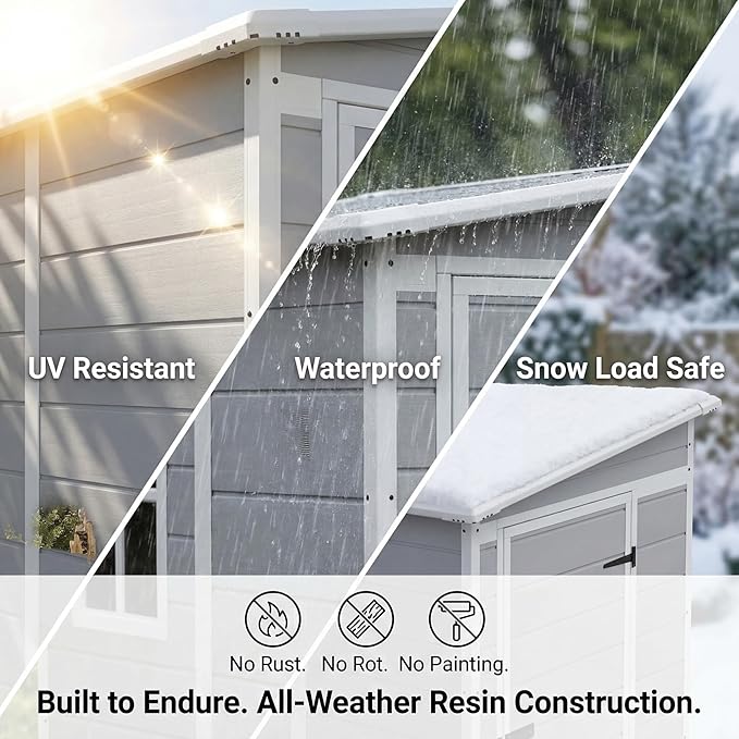 Devoko 5x4 FT Plastic Outdoor Storage Shed with Floor, Waterproof Resin Garden Shed with Lockable Door, Outside Tool Shed for Backyard, Patio, Lawn, Light Grey