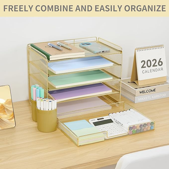 Desk Organizers and Accessories, 5-Tier Paper Letter Tray Organizer with Drawer & 2 Pen Holders, Desktop Organizer for Office Supplies (Gold)